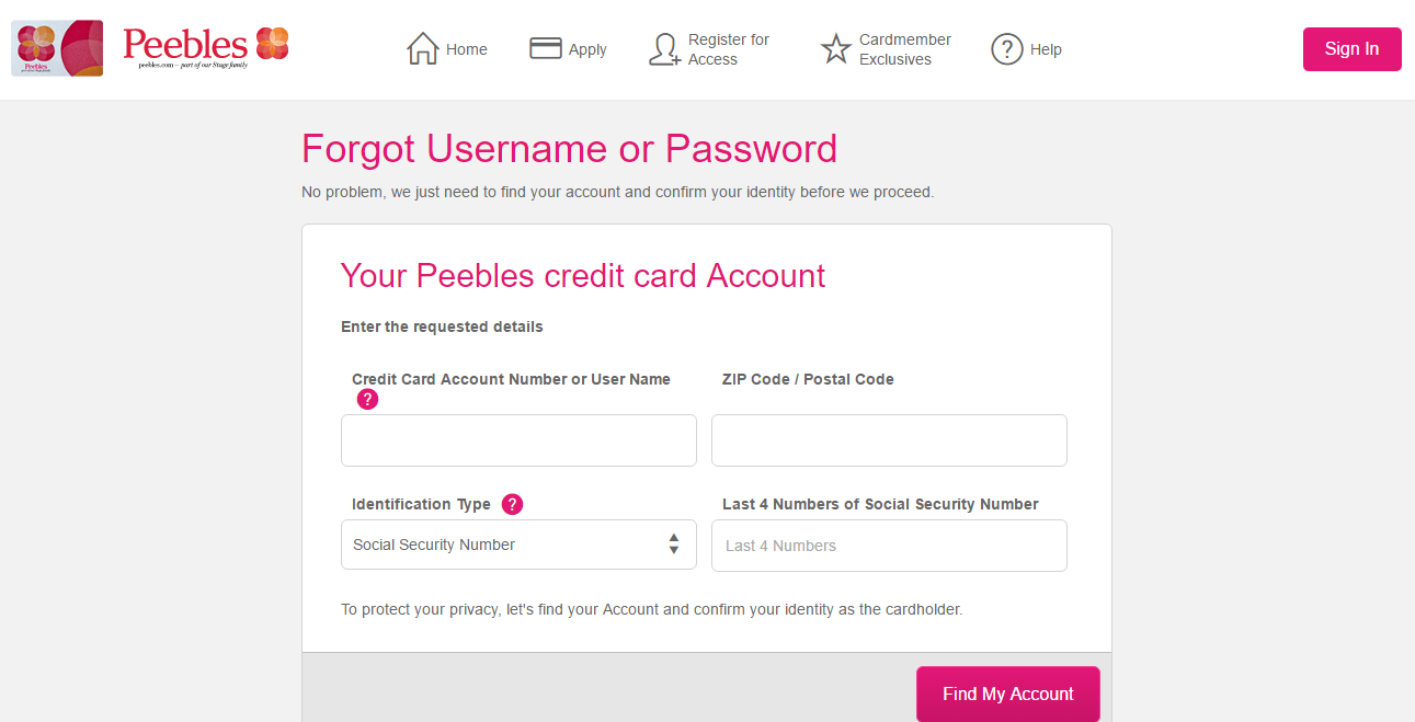How to Restore Peebles Credit Card Password